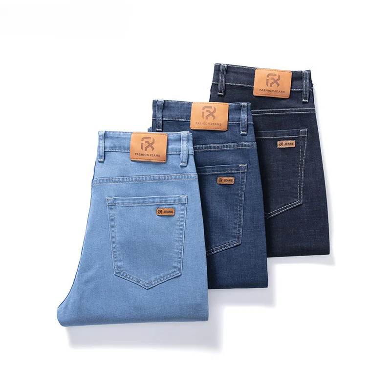 

Classic Style Autumn Men's Loose Straight Business Jeans Solid Color Smooth Fabric Denim Stretch Pants Male Brand Clothes Blue