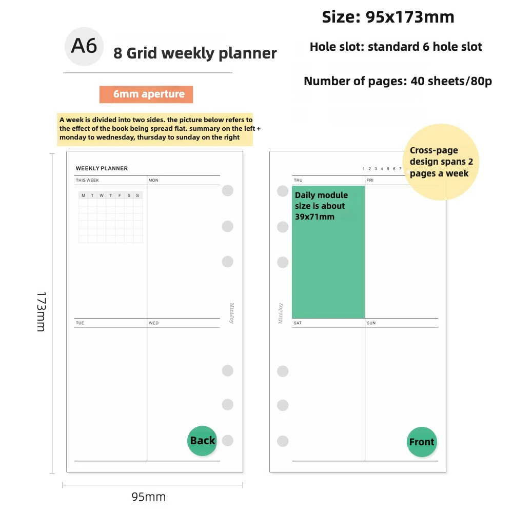Minimalist Grid Weekly Planner Refill - Loose Leaf Notebook Journal Stationery Supplies