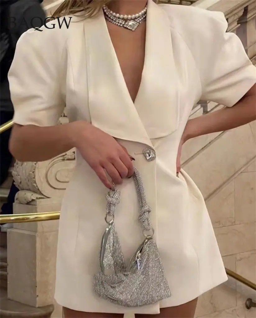 

BaQGW Women Summer Short Sleeve Notched Two Diamond Buttons Jackets Sexy Backless Hollow Out Big Bowknot Decoration Suit Dress