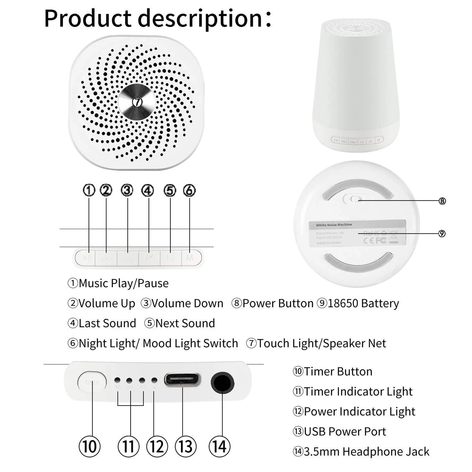 Desktop White Noise Machine Baby Sleep Sound Machine Night Lights 28 Soothing Sounds 30/60/90min Timer 3.5mm Headphone Jack