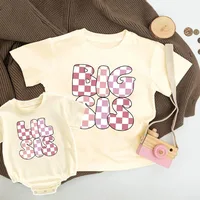 Big Sis/little Sis Print Retro Family Matching Outfit Kids T-shirt+baby Oversized Bubblt Romper Short Sleeve Retro Sister Outfit 1