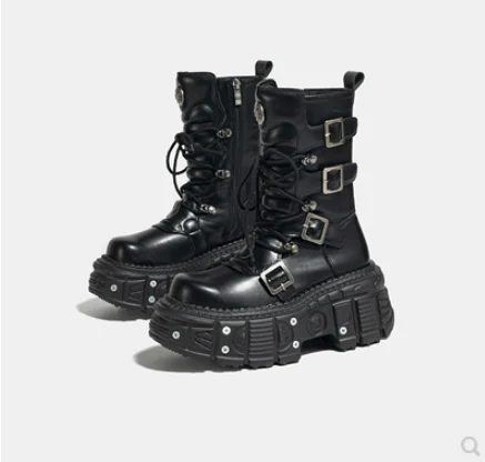 Women Metal Platform Middle Tube 2024 New Dark Punk Increased Lace-up Female Zipper Girl Motorcycle Boots