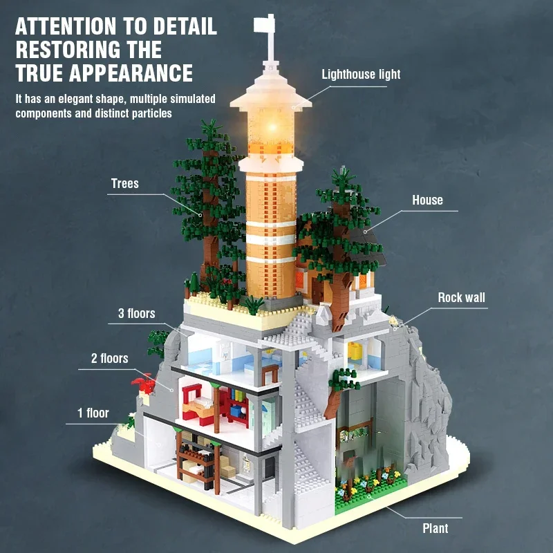 Lighthouse Island Building Blocks Toy Set with Light for Kids
