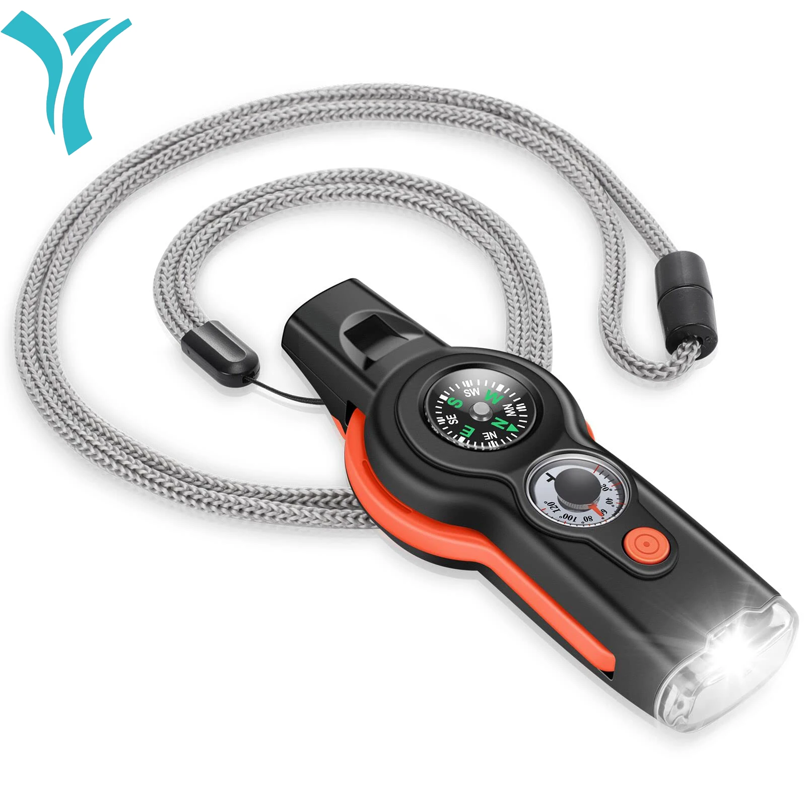 7-in-1 emergency survival whistle with hanging rope-made of durable PVC material, for rowing, kayaking, hiking, camping