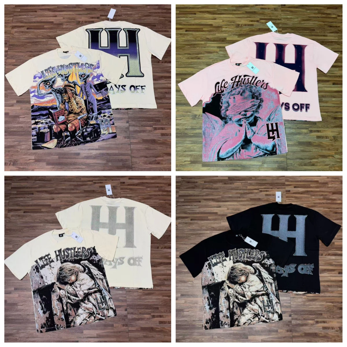 Europa Amerika Streetwear Life Hustlers T-Shirt Hochwertiges Hip-Hop-Bulldoggenmuster Strass-Kurzarmshirt für Männer und Frauen