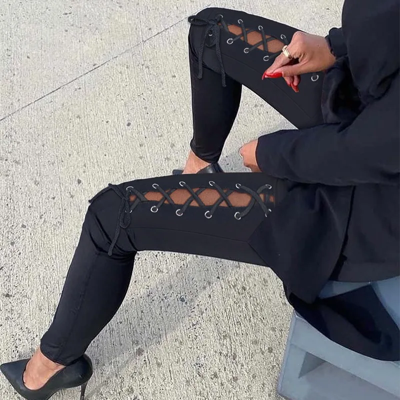 

2024 Spring Summer New Women's Clothing Solid Color High Waist Corns Lace-up Trousers Skinny Pants