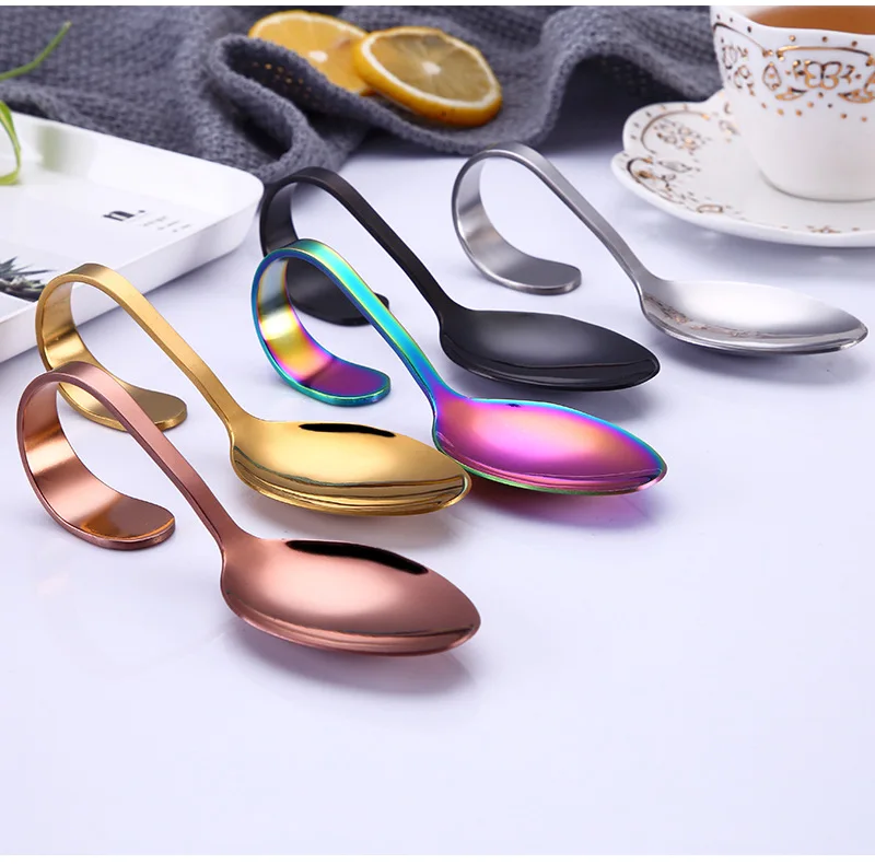Colorful stainless steel dinner serving spoon dessert spoons serve decorative curved cute ice cream spoon catering seasoning