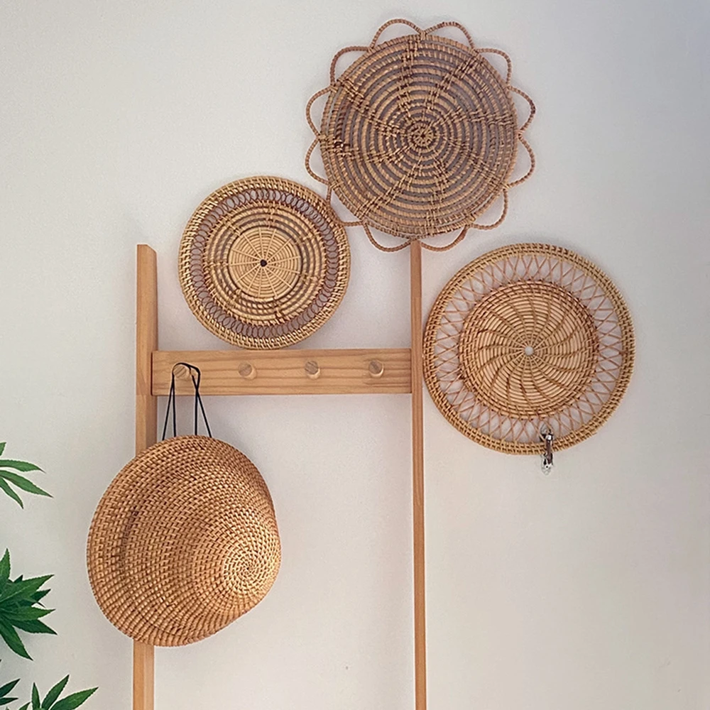 Handmade Rattan Wall Hanging Decor Round Placemat Coaster Natural Wicker Bohemia Style Decoration Rattan Woven Wall Hanging 2