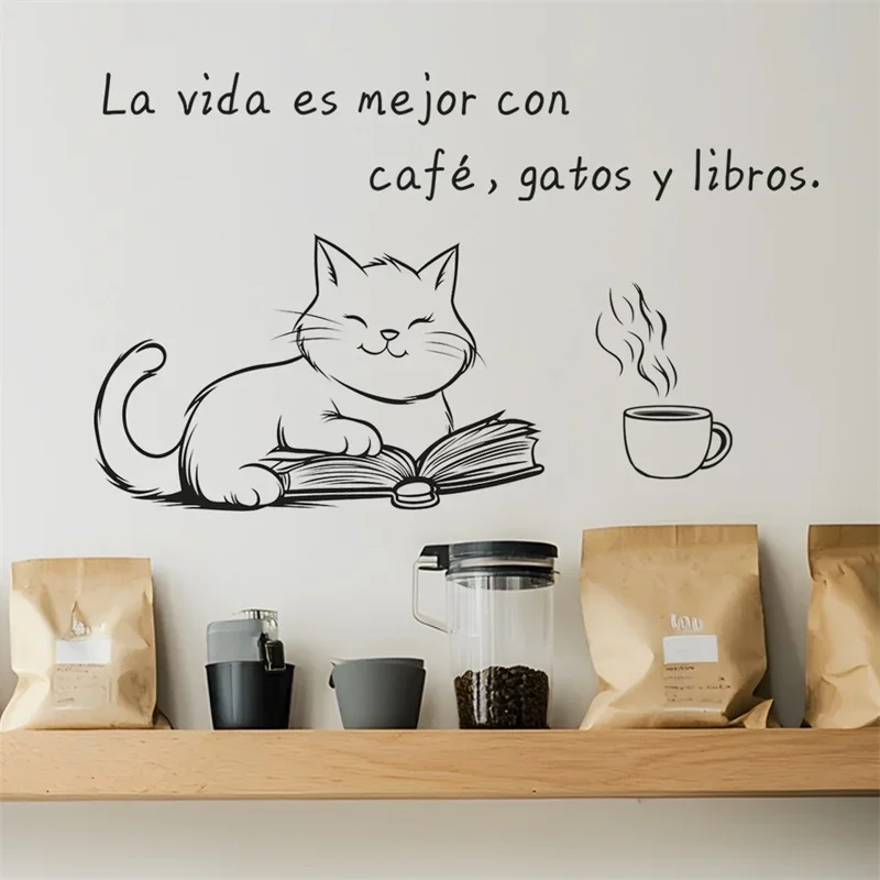 Spanish English Coffee Cat Wall Stickers PVC Self-adhesive Decals Kitchen Beautify Wallpaper Cafe Decor