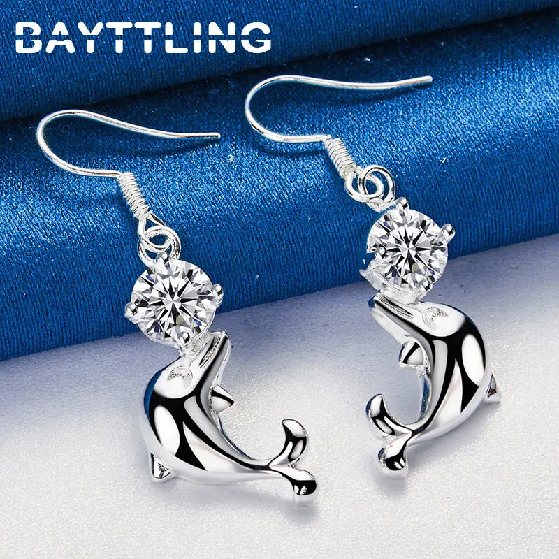 

925 Sterling Silver 40MM Dolphin Shiny Zircon Drop Earrings For Women Fashion Wedding Party Couple Gifts Jewelry Accessories