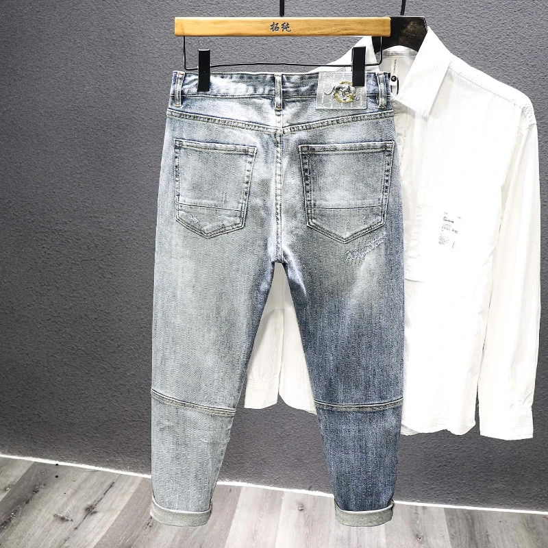 Men Jeans Ripped Jeans Ripped Patchwork Jeans Autumn Winter Men's Straight Slim Ripped Hole Patch Vintage Distressed Fashion Splicing Denim Pants Streetwear