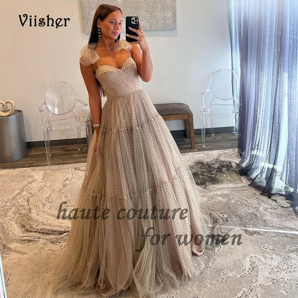 

Gray Dotted Tulle A Line Evening Dresses for Women Bow Straps Sweetheart Prom Dress with Train Long Formal Evening Gowns
