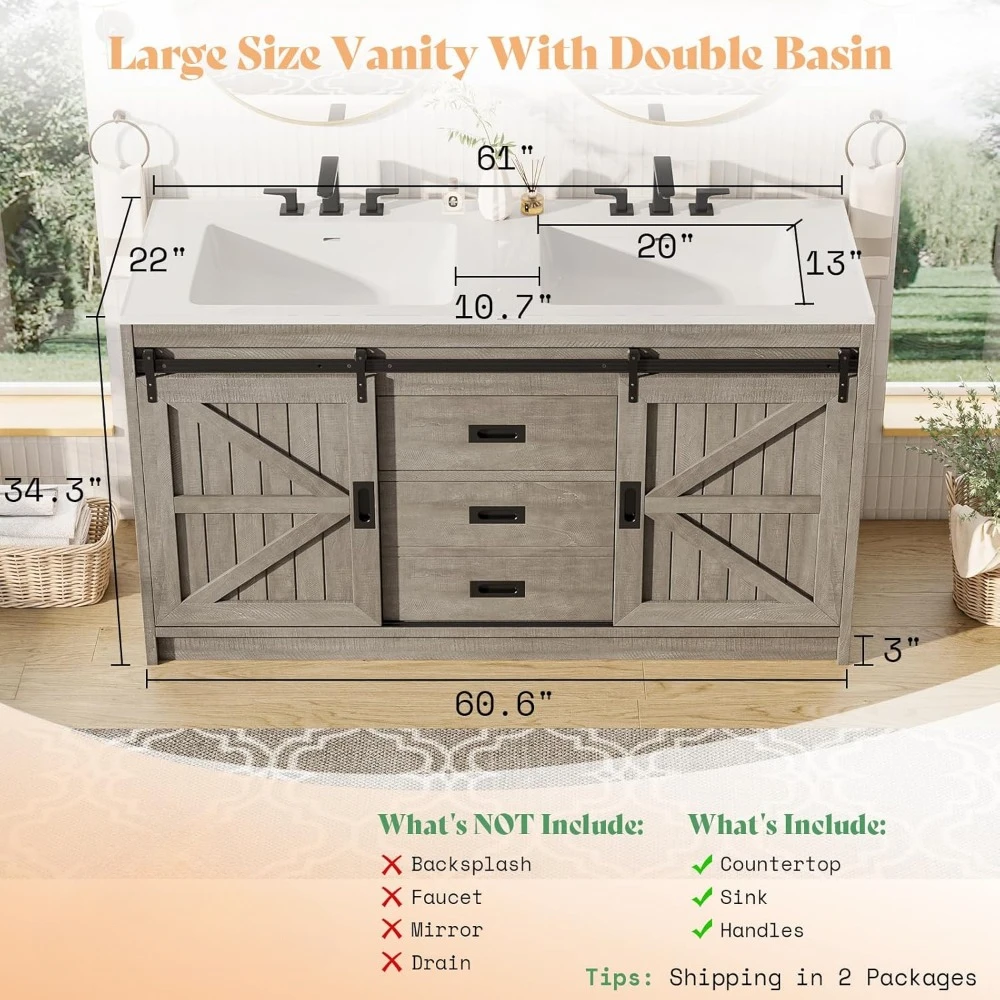 Double Bathroom Vanity with Sink, 61in Bathroom Storage Cabinet with Sliding Doors & Drawers, Dual Basin,Double Bath Vanity Sink 6