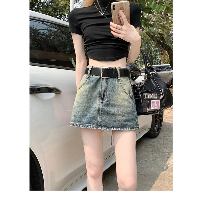 Real time photo of retro washed old jeans, women's shorts, retro blue, 2023 summer new spicy girl A-line buttock wrap skirt real time photo of retro blue jeans for women in 2023 shorts for commuting summer hot girls high waisted irregular side straps b