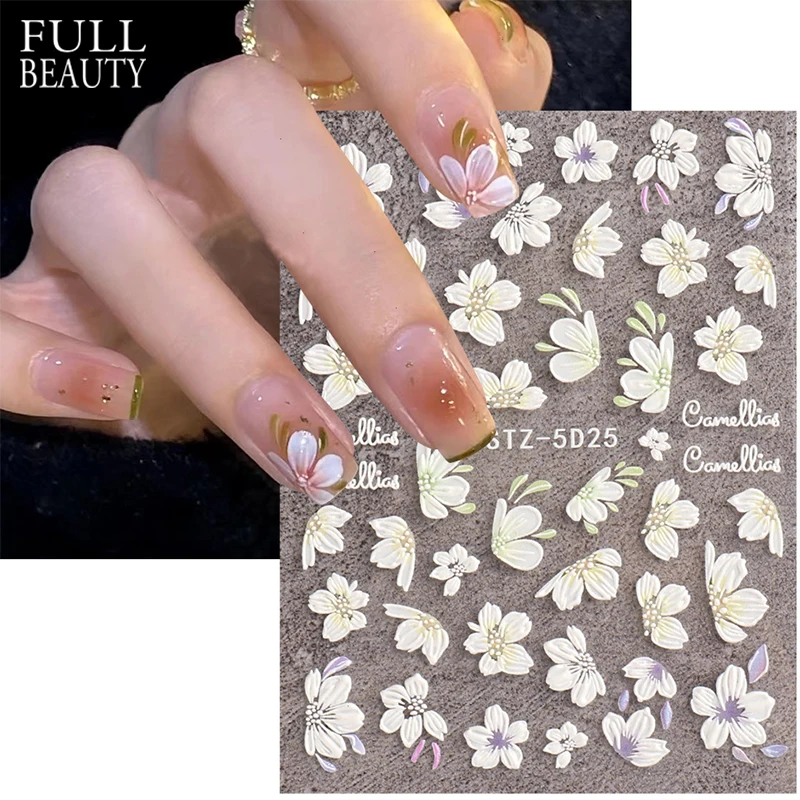 Camellia Flower 5D Embossed Nail Sticker Spring White Floral