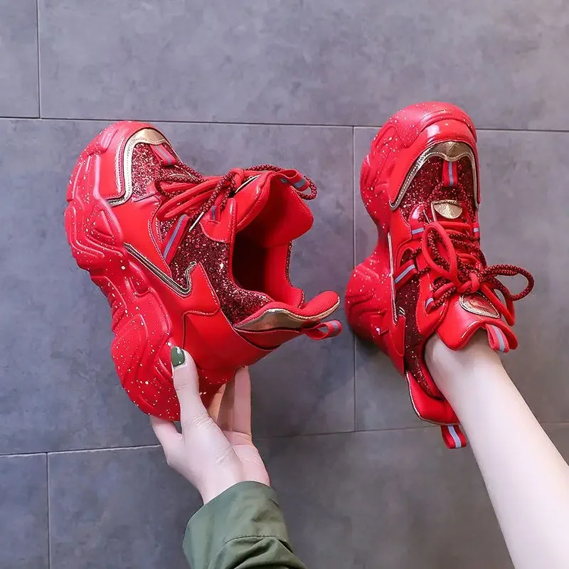 Women's Platform Sneakers 2022 Autumn Shiny Women's Slope Heel Casual Shoes Fashion High Heel Sneakers Zapatos Mujer