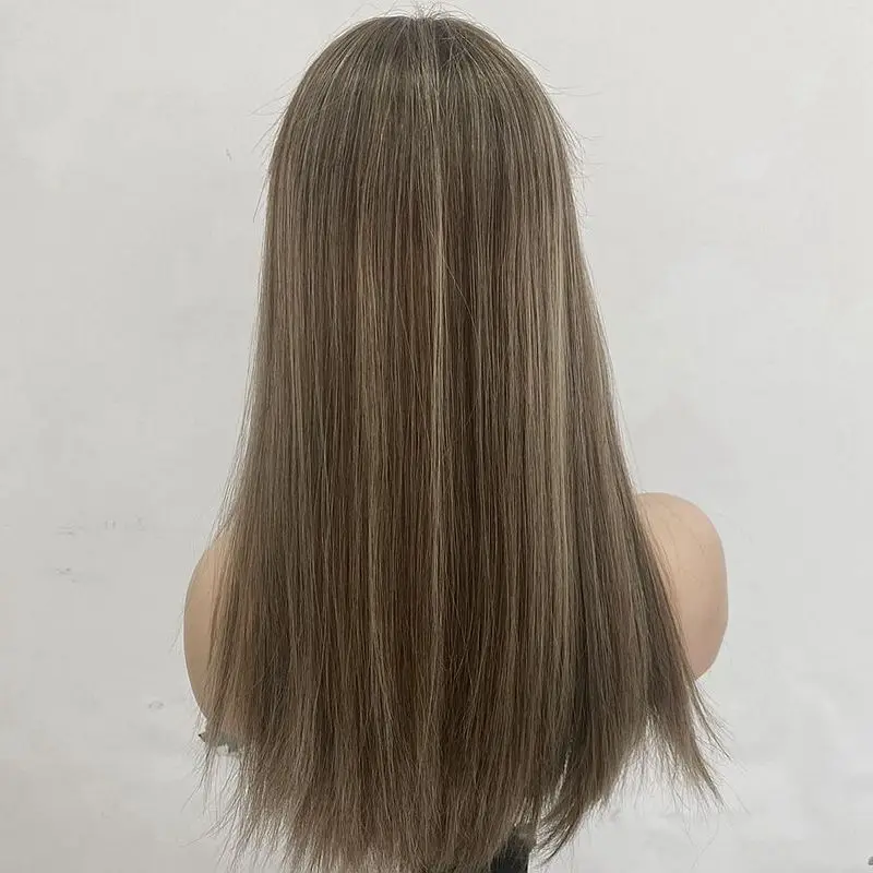 European Human Hair Wig HD Swiss Lace Top For White Women Brown color With Highlights Long Straight Style Super Small Layer