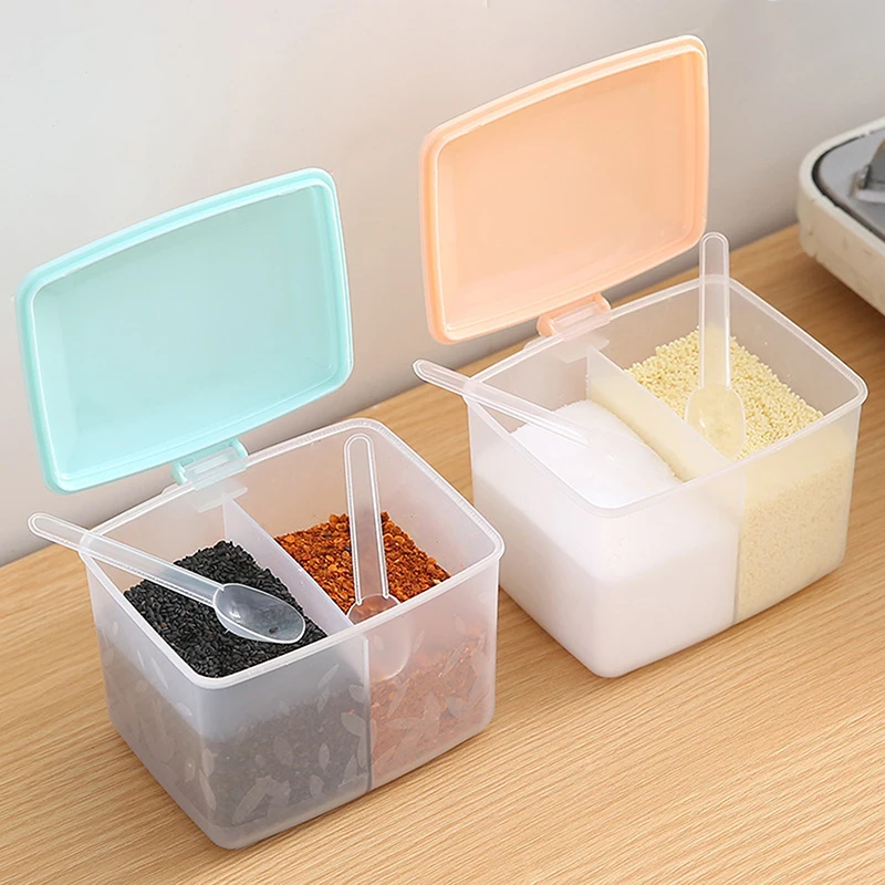 2 Grids Seasoning Box Transparent Lid Salt Pepper Seasoning Jar Household Sugar Condiments Storage Container Kitchen Gadgets