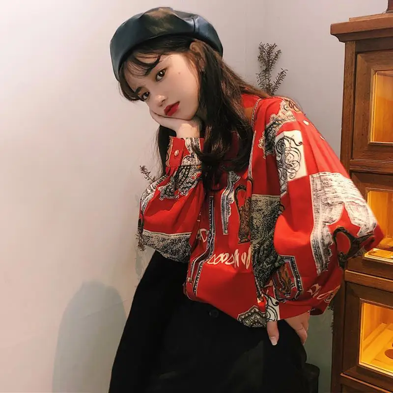 Fashion Lapel Button Loose Printed Casual Shirts Women's Clothing 2024 Spring Summer New Oversized All-match Tops Korean Blouses