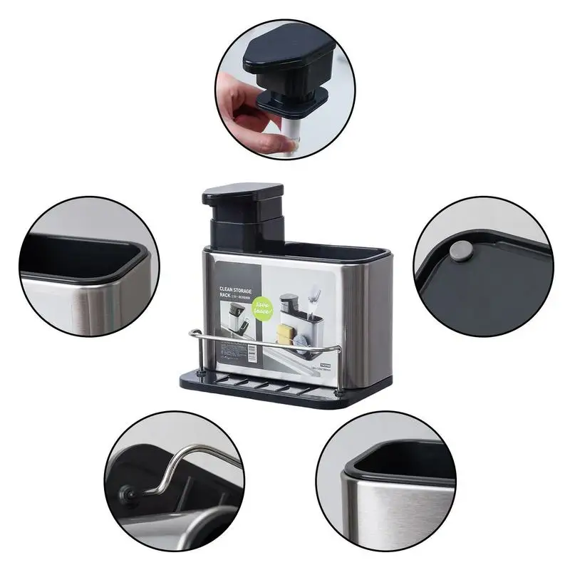 Soap Dispenser Stainless Steel with Sponge Holder Multifunctional Kitchen Sink Organizer Dish Detergent Brush Sponge