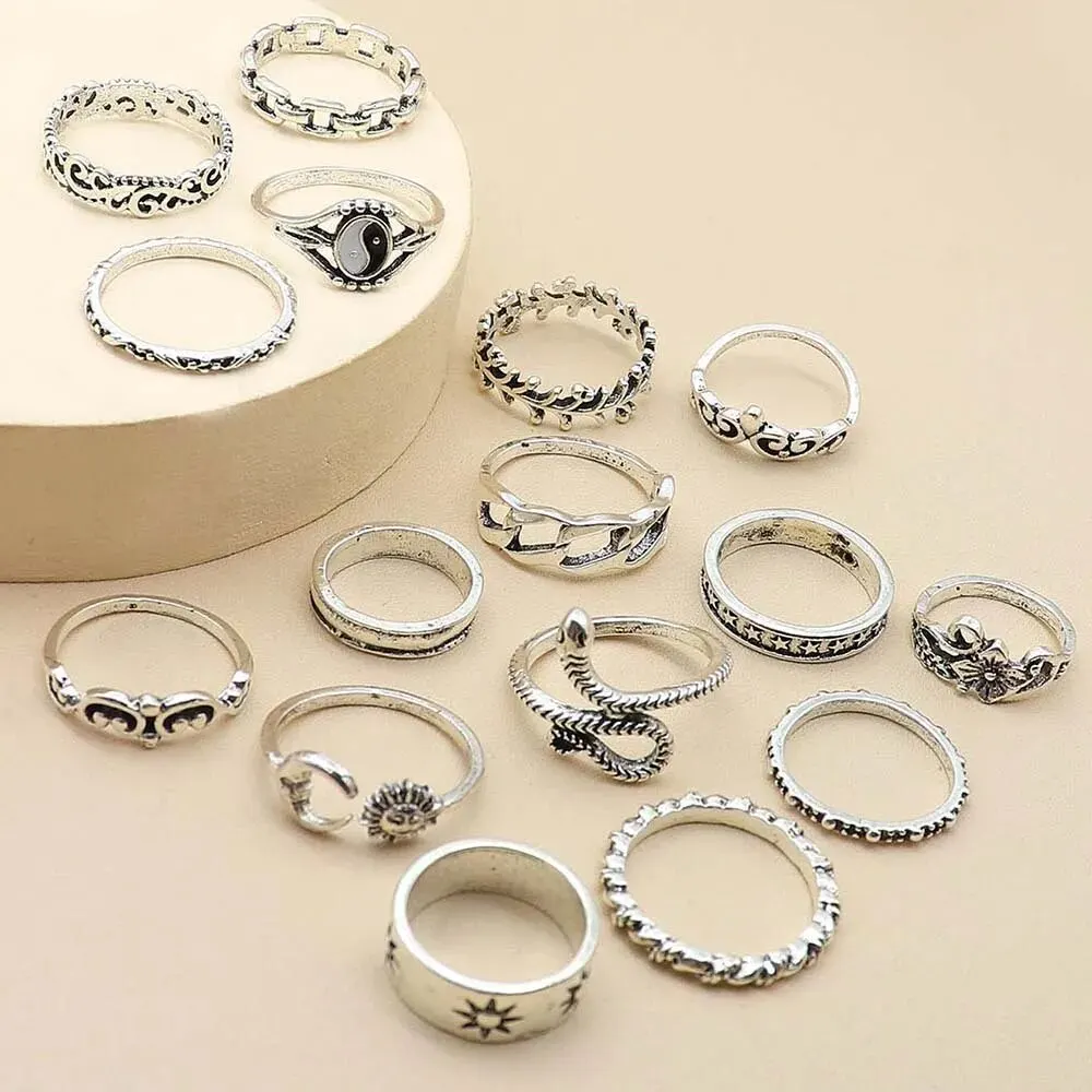 Retro Bagua Sun Moon Snake Leaf Flower Joint Ring Set 16Pcs/set