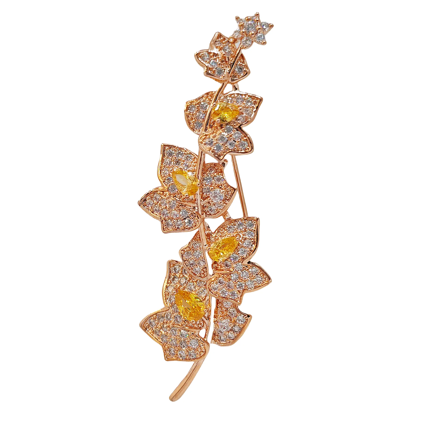 

Charming Elegant Vine Plant Branch Yellow Flowers Brooch Gold Tone Micro Pave and Pear Shaped CZ Floral Vane Pin Bridal Jewelry