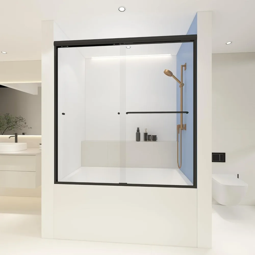 Shower Doors 60" W X 62" H Double Sliding Glass Bathroom Shower Doors for Bathtub, 1/4" Thick Clear Tempered Glass, Matte Black