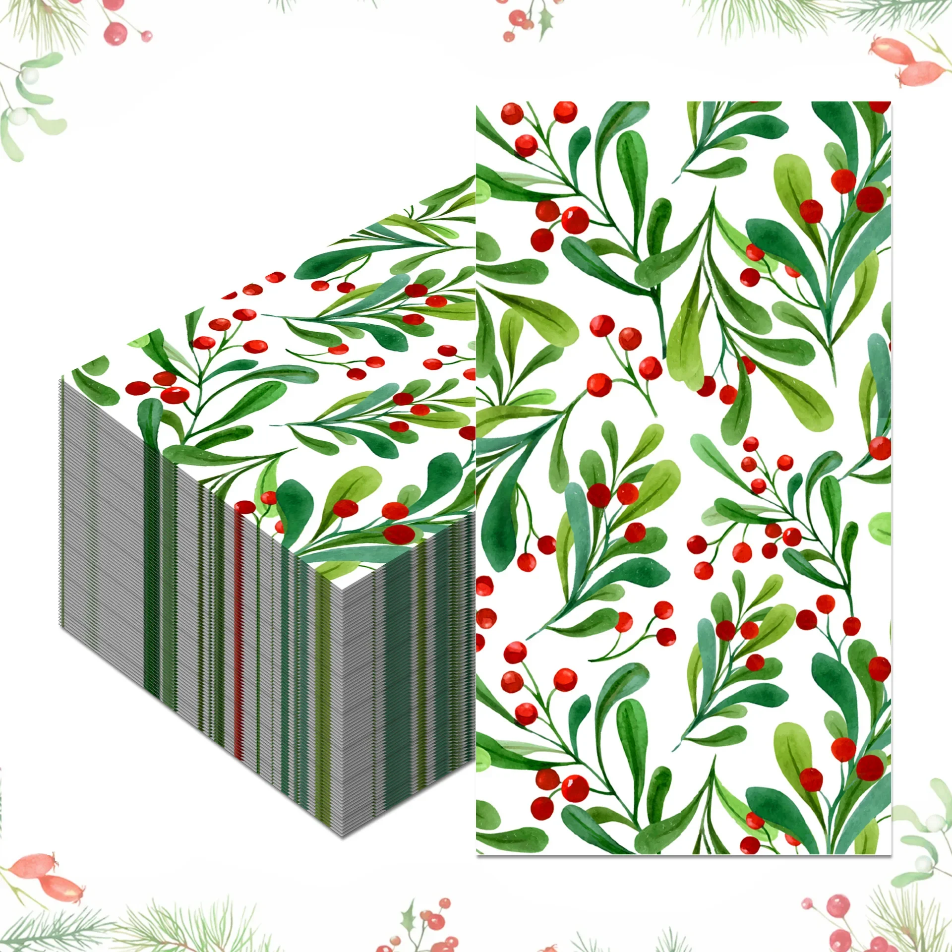 100PCS Christmas Paper Napkins 33*40CM Holly Berry with Leaves Disposable Dinner Hand Towels for Xmas Dining Table Decor