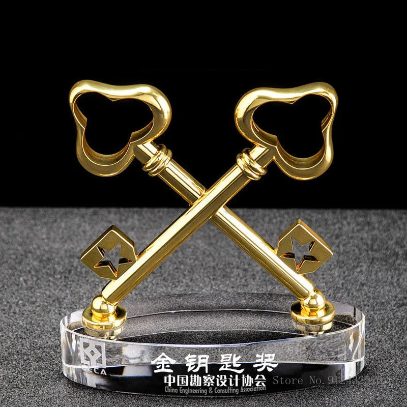 Golden Key Crystal Trophy, Customized Creative Souvenir, Gifts for Friends, Security Award, Home Decoration, Event Souvenir, 1Pc