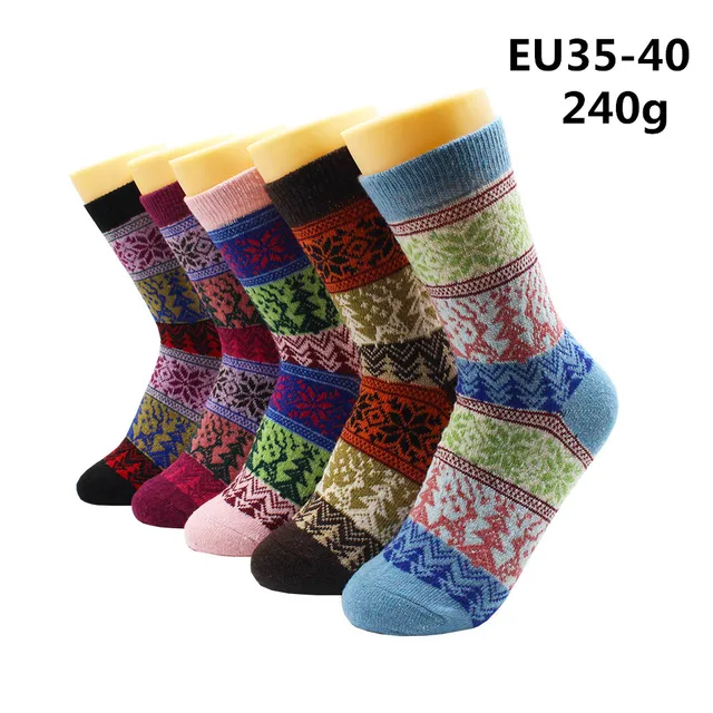 5 Pairs Winter Warmer Women Thicken Thermal Wool Cashmere Snow Socks Fashion Casual Euramerican National Wool Socks for Women 5 Pairs -YM025