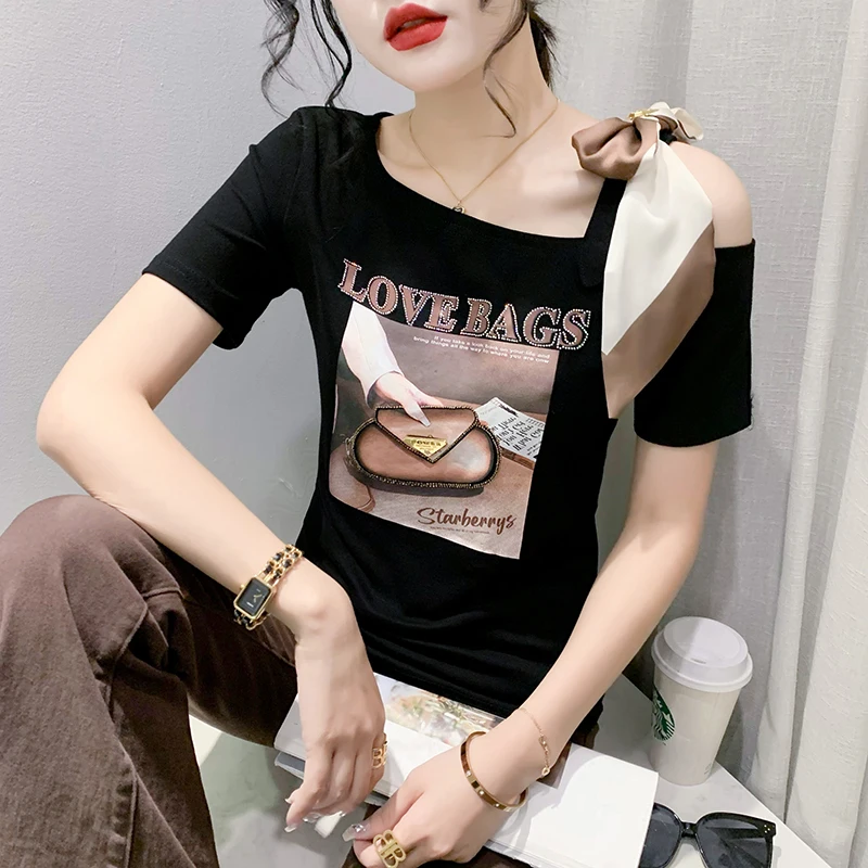 

Black Summer Korean Style T-Shirt Chic Sexy Off Shoulder Bowknot Print Letter Diamonds Women Tops Short Sleeve Tees 2024 New 431