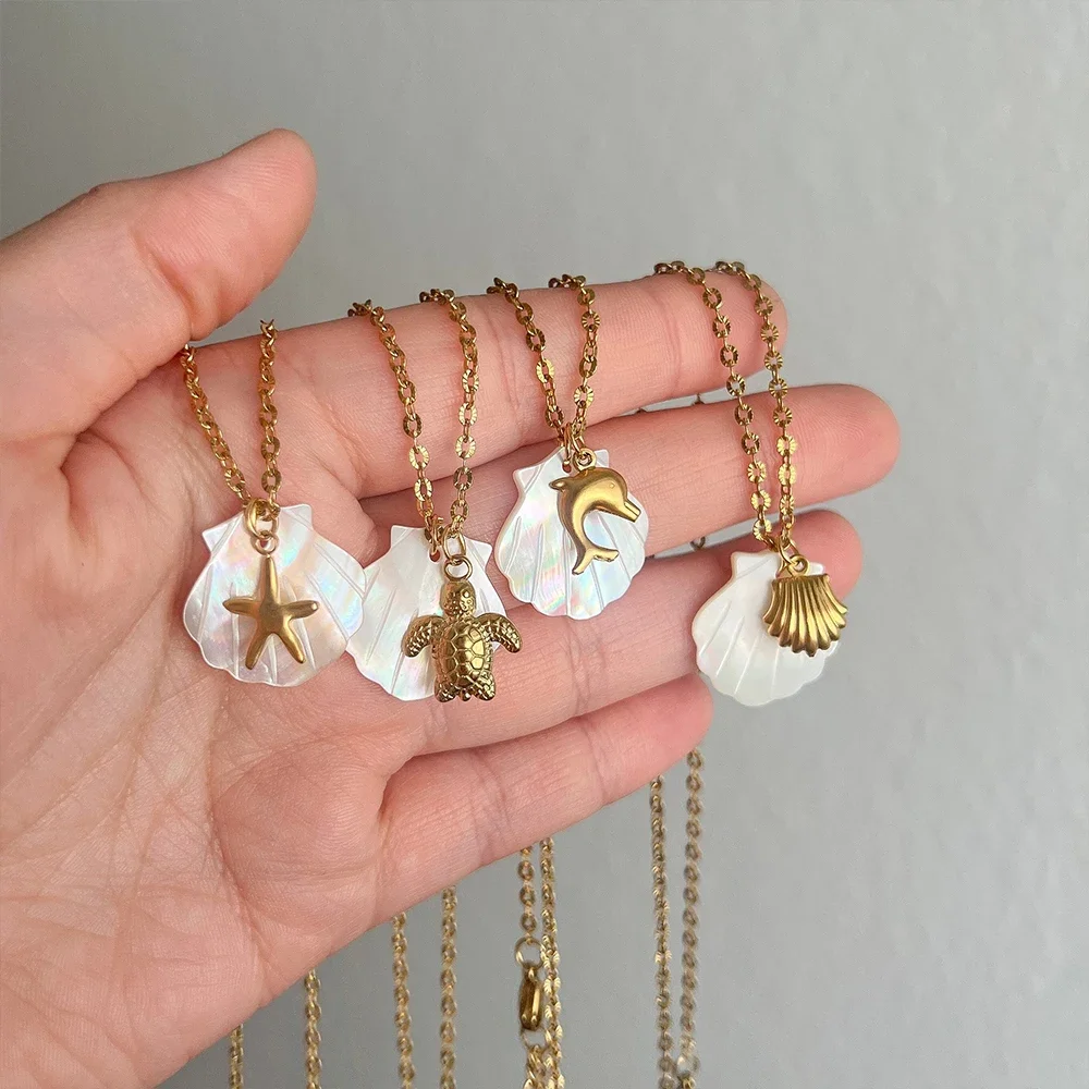 Boho Big White Shell Pendant Neckalce Gold Color Conch Sea Turtle Star Stainless Steel Choker Waterproof Beach Summer Jewelry