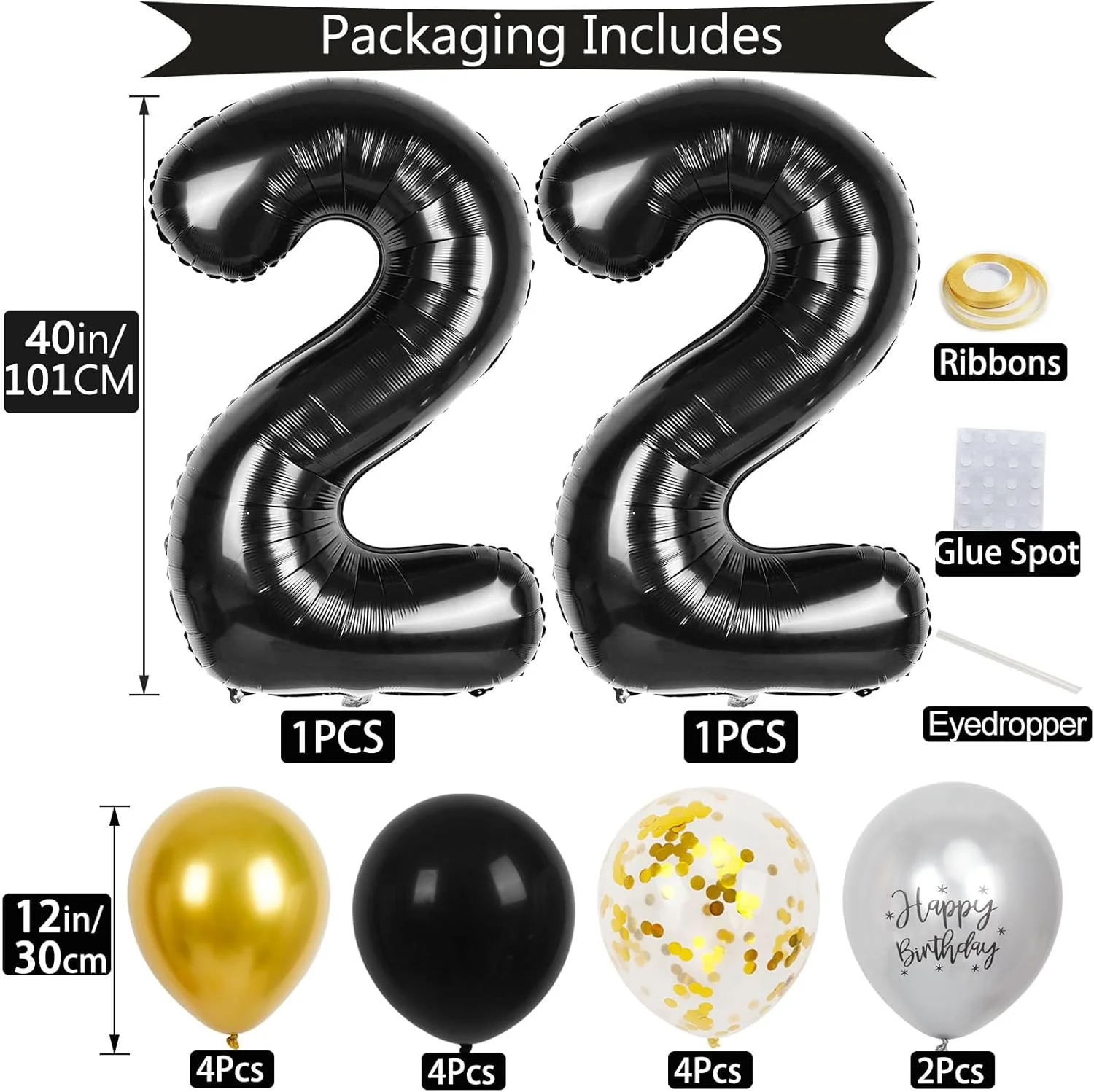 40 Zoll Schwarze Große Zahlen 16/18/21/30/40/50/60 Jahre Set mit Glitzer-Latexballons für Erwachsene Männer Geburtstagsdekoration – Detail 6