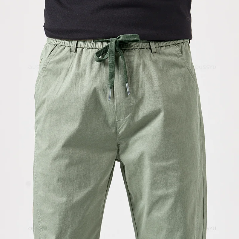 Men Cotton Harem Pants Spring Summer Ankle Length Thin Drawstring Cosy Korean Solid Color Casual