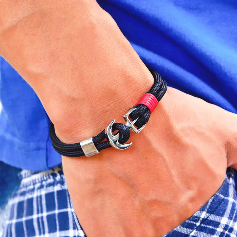 Nautical Anchor Braided Rope Bracelet with Silver Hook