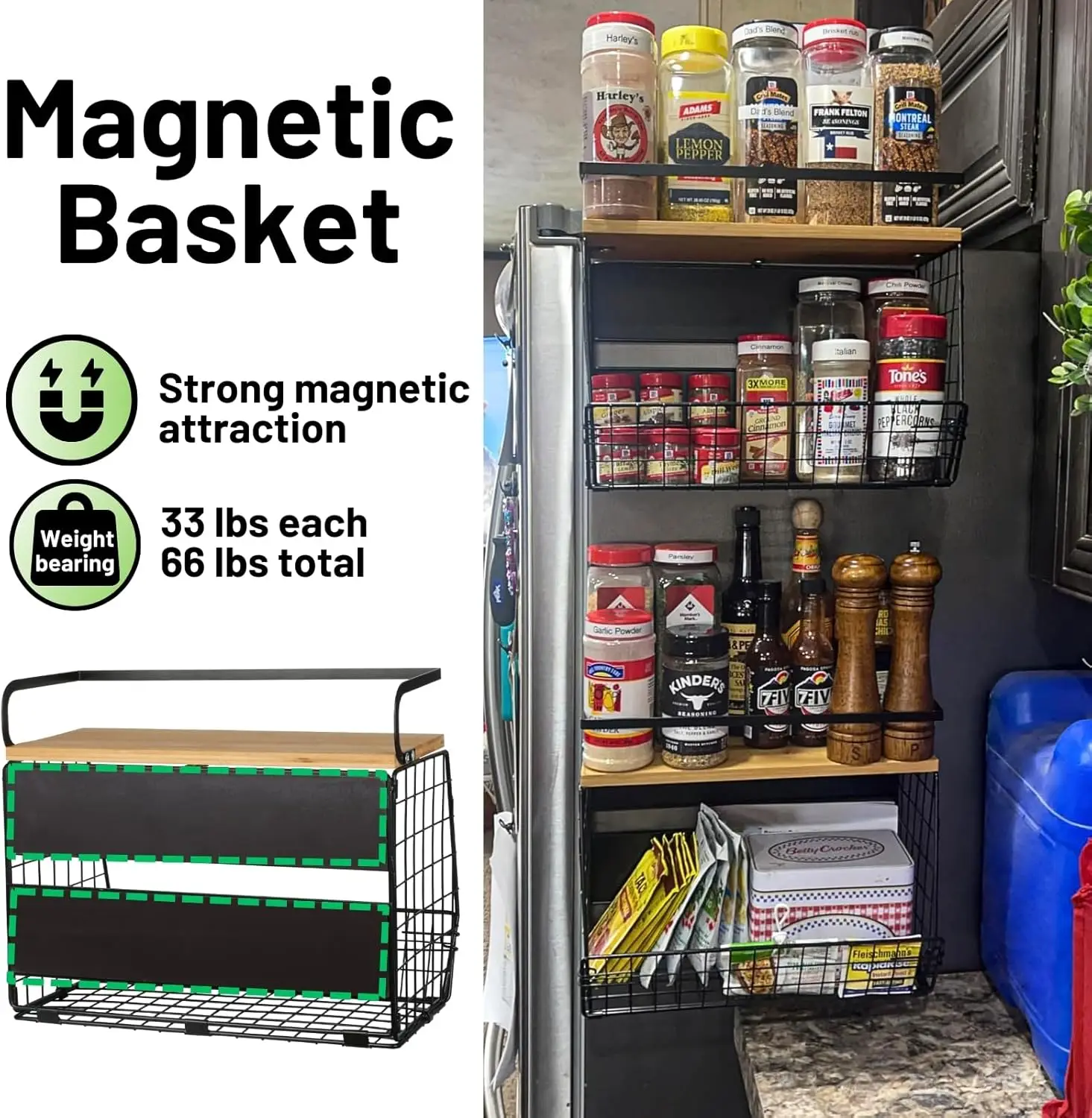 2 Set Magnetic Shelf for Refrigerator with Wood Lid, Fruit Potato & Onion Storage Bins, Pantry Organizers & Storage, Large 2