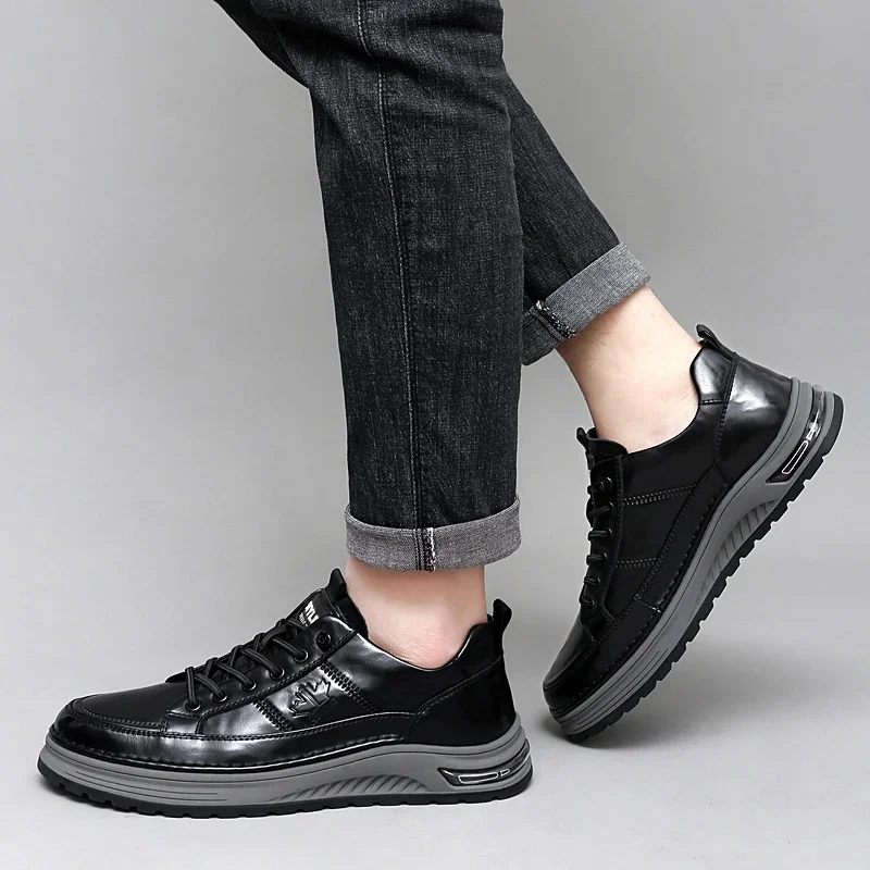 Genuine Leather MEN'S lace up casual sneakers new trendy chunky man vulcanized shoes comfy all-match male skateboard footwear 6
