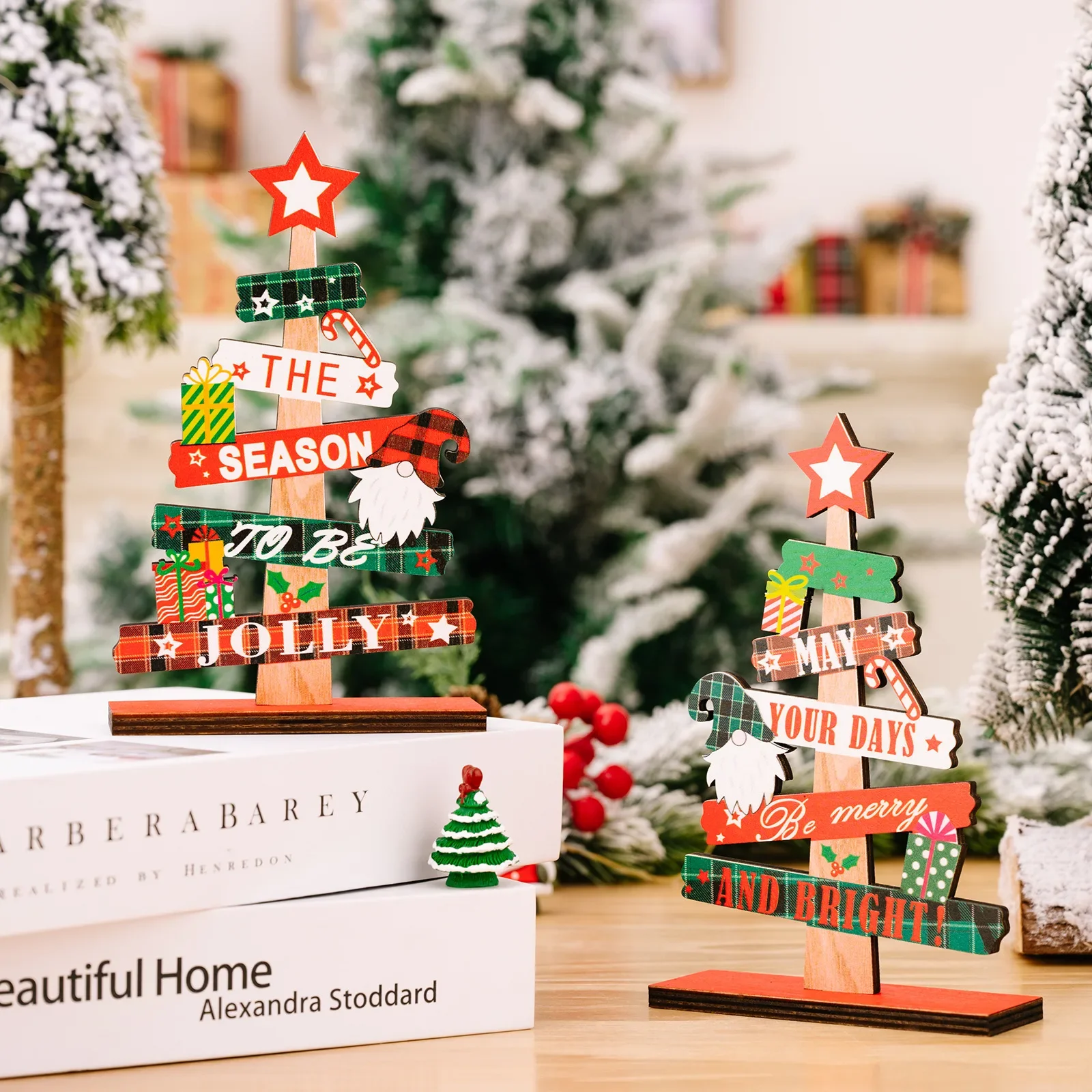 Colorful Wooden Christmas Table Ornaments Cartoon Santa Cluas Xmas Tree Pendants Noel SnowmanNatal Merry Christma Decor 2024