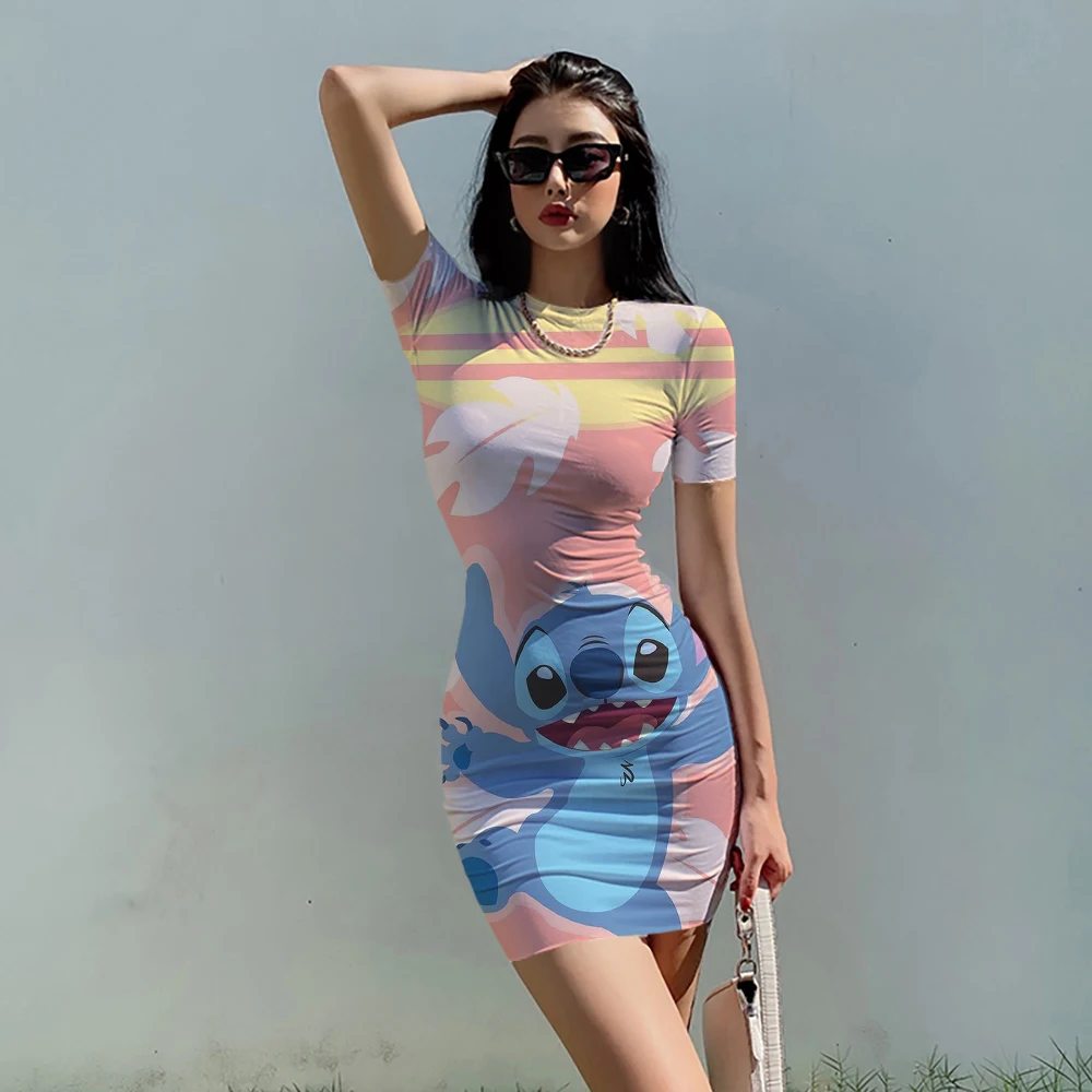 

2024 Disney Stitch cartoon print sexy tight fitting dress summer fashion bag hip beach party High street dresses Everyday dress