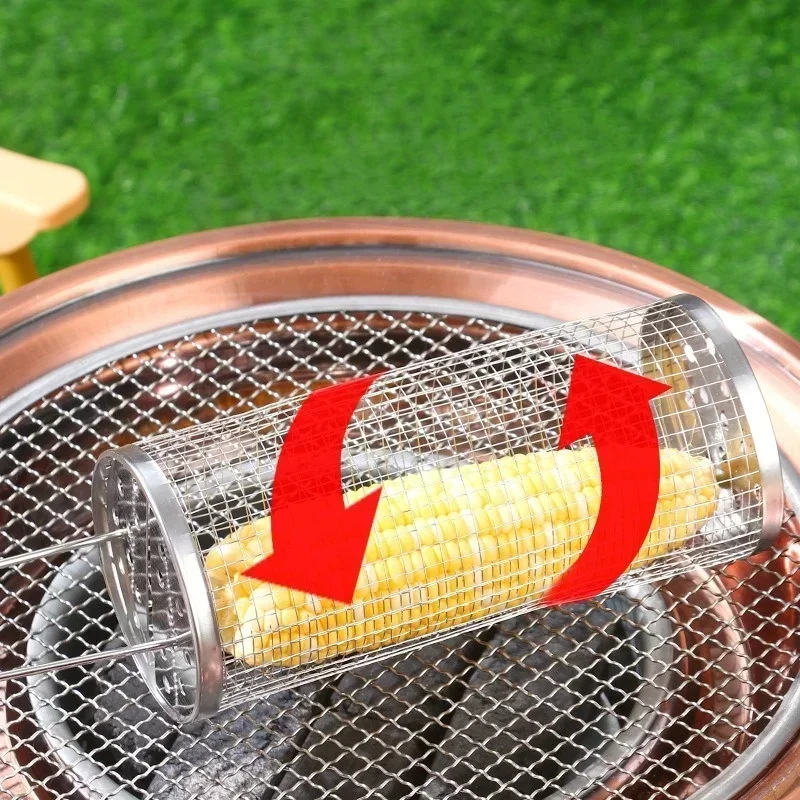Portable Stainless Steel Barbecue Cages Grill Basket Camping Picnic Cookware Outdoor Round BBQ Campfire Grid Rolling Grill Baske