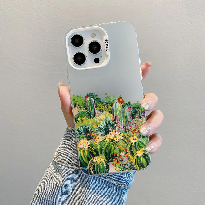 Niedliche Kaktus-Ölgemälde-Muster Handyhülle für iPhone 17 16 12 11 Pro Max 15 14 13 Pro Max Mini 15 Plus Stoßfeste Laser-Schutzhüllen – Detail 1