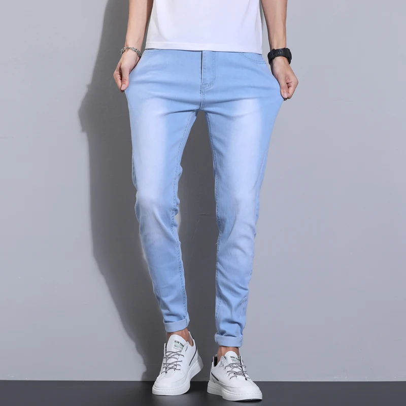 Men's Autumn New High Elastic Jeans Sky Blue Fashion Slim Fit Casual Denim Trousers Classic Cotton Skinny Pants
