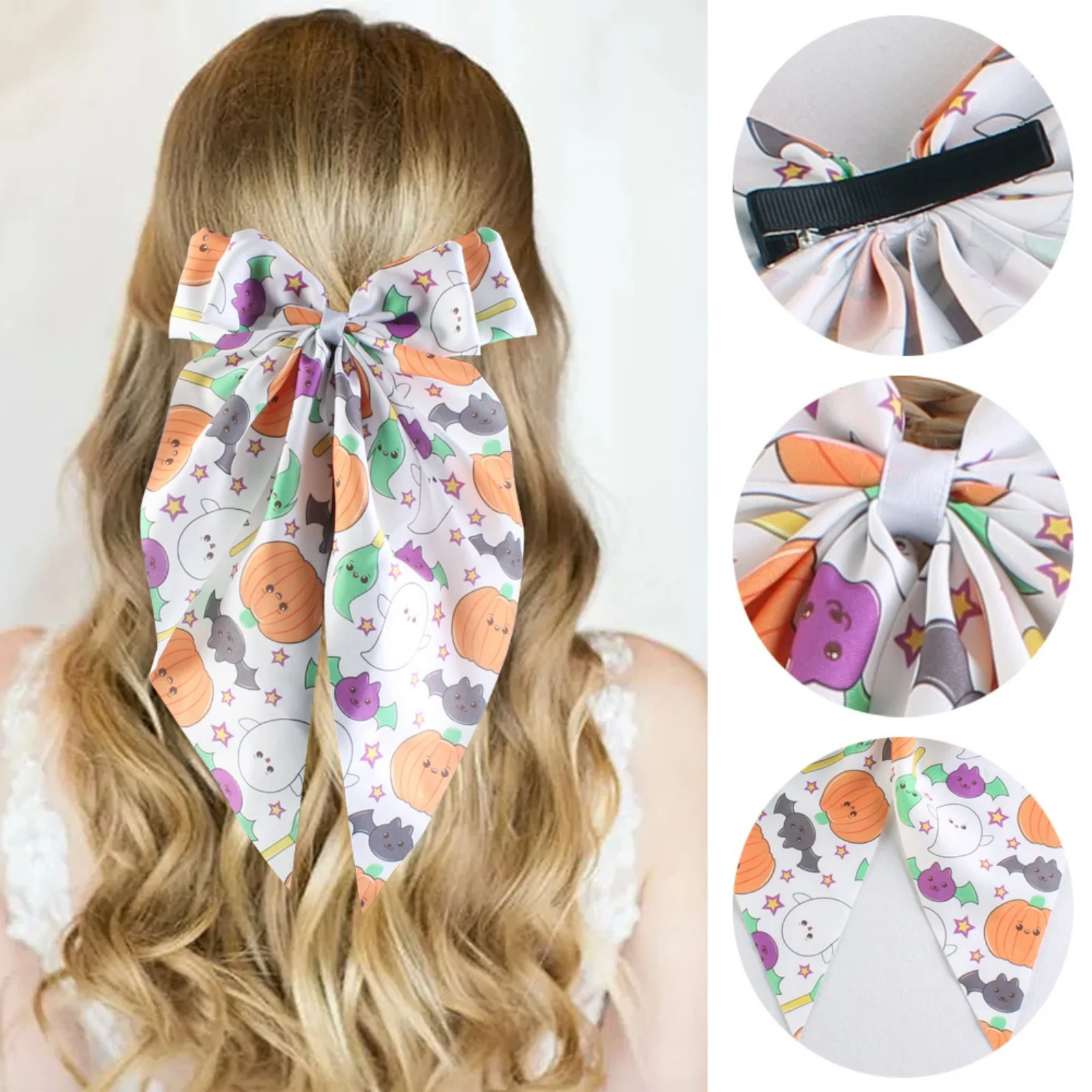 1PC Cute Halloween  Themed Bow Hair Clip Adorable Pumpkin & Ghost Patterns, Large Satin Bow for Girls, Perfect Festive Accessory