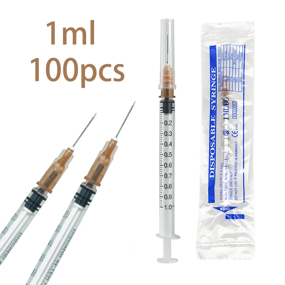 1ml/cc Sterile Einwegspritze aus Kunststoff mit 26G 1/2-Zoll-Nadel, Einzeln Verpackt für Veterinärmedizinische Anwendungen bei Haustieren, 100 Stück