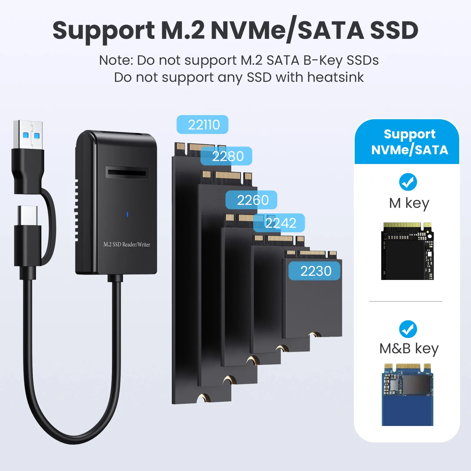 M.2 NVMe SATA 리더 M.2 SSD-USB A/C 리더 어댑터 (M/B M 키 SSD 드라이브용) 도크 베이스 풀 사이즈 22110/2280/2260/2242/2230