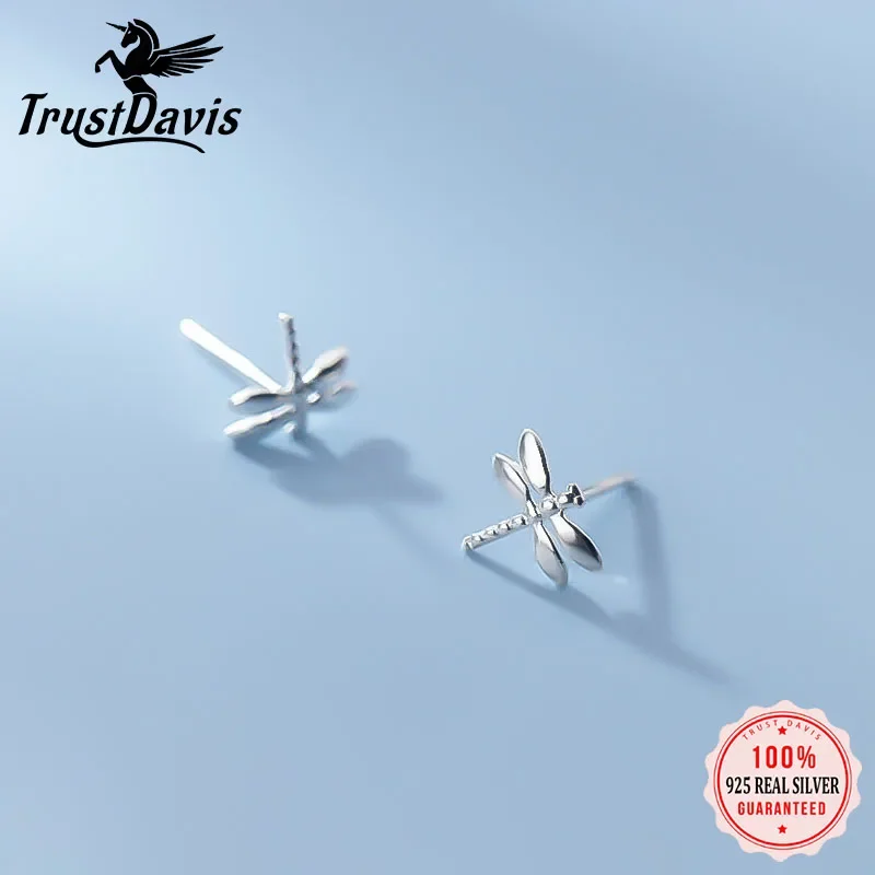 TrustDavis Real 925 Sterling Silver Fashion Cute Tiny Insect Dragonfly Stud Earrings for Women Wedding Birthday Present DS181