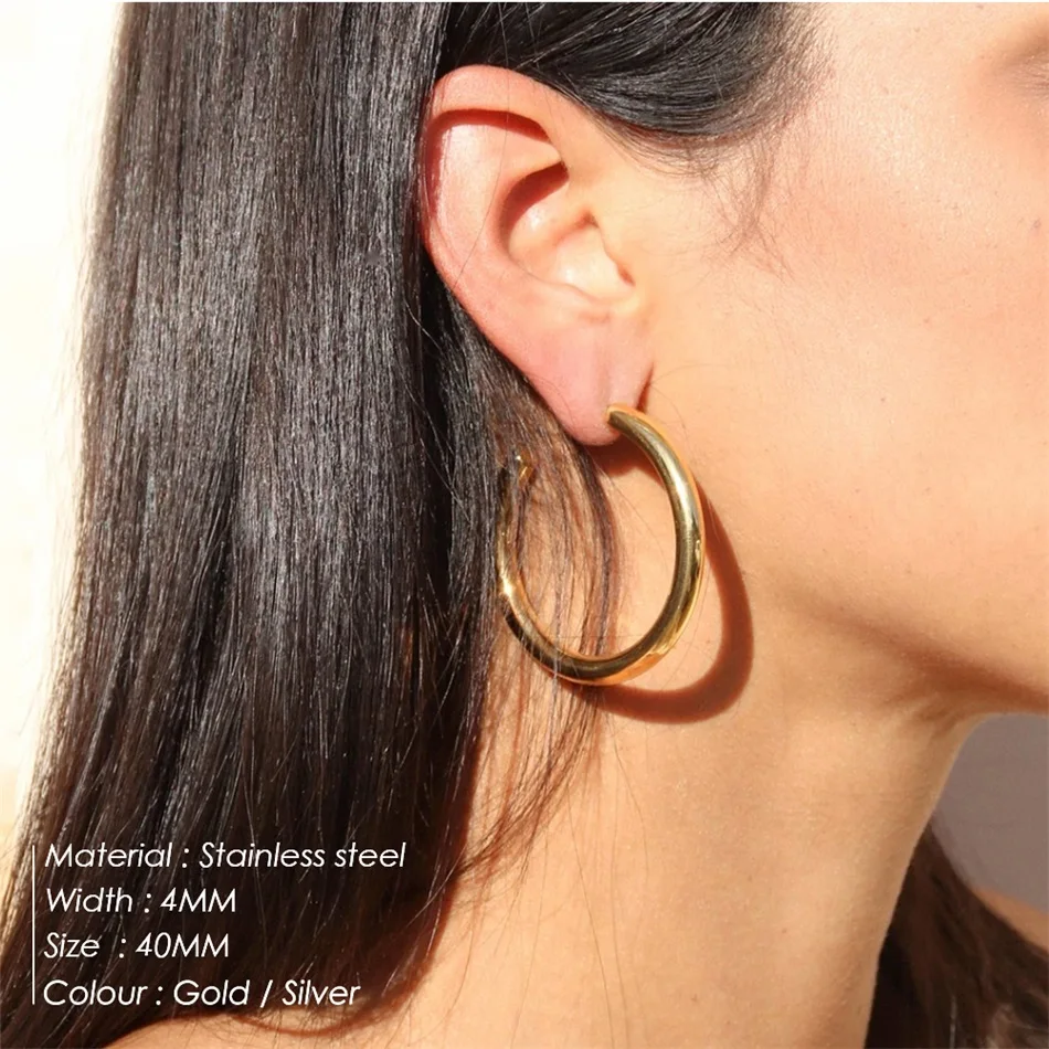 Klassische 18K Vergoldete Edelstahl-Creolen für Damen, 4mm Breite, Klobige Runde Ohrringe, Schmuckgeschenk – Detail 4