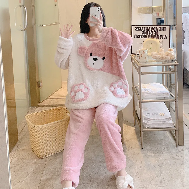 Winter Women's Plush Pajamas Set Sweet Cute Bear Thickened Coral Fleece Sleepwear Cartoon Casual Home Suit Ladies Loungewear