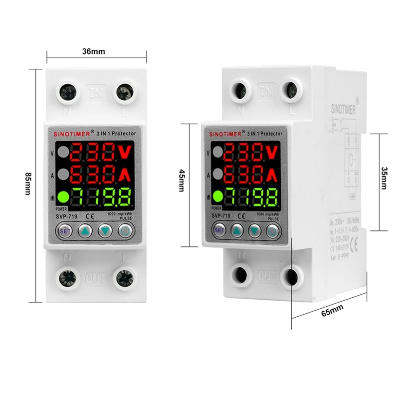 SINOTIMER SVP-719 조절식 자체 복합 지능형 과전압 보호대, 전류 제한 지연, 흰색 플라스틱 및 금속 1 개