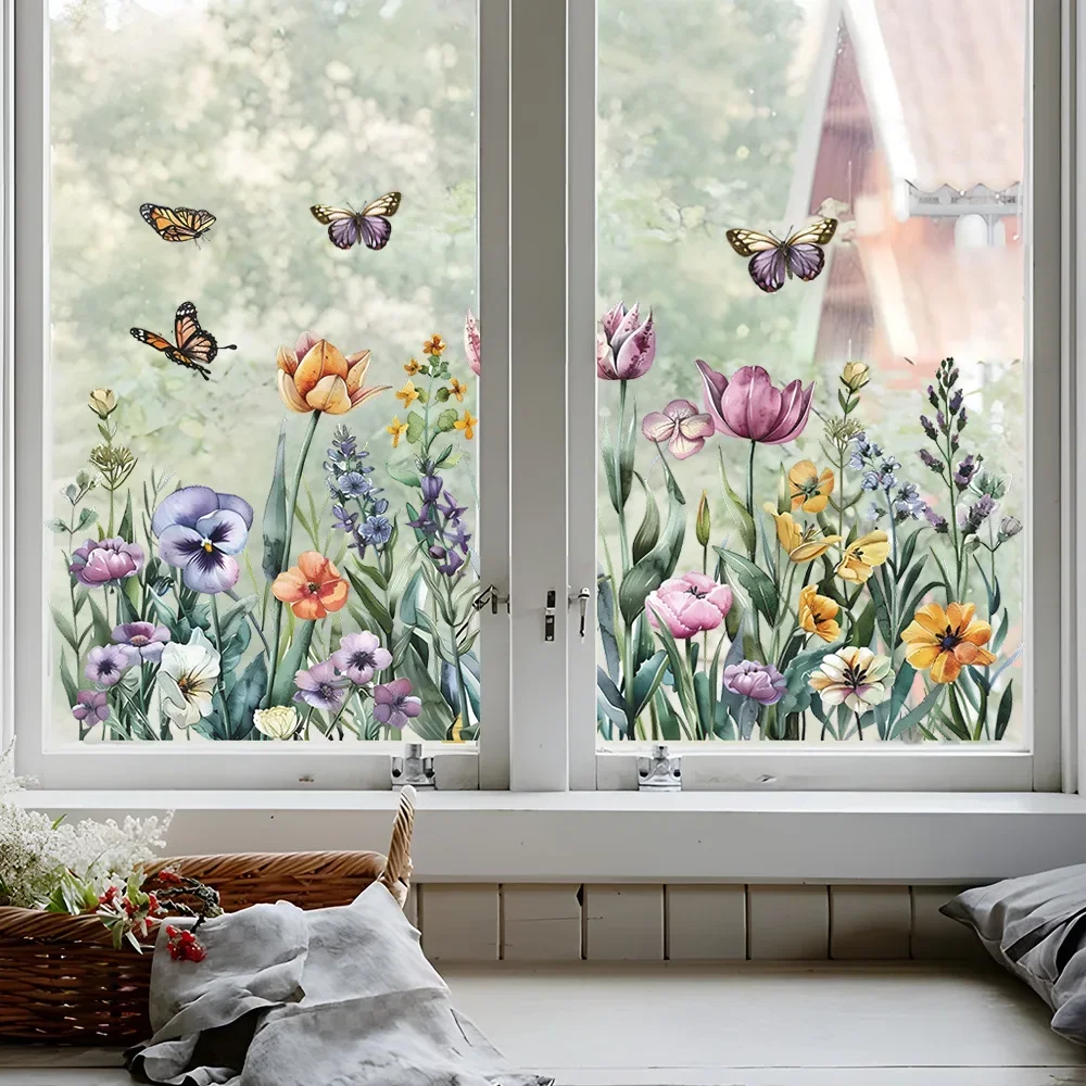 1PCS Painted Fresh Flowers Green Plant Leaves Glass Windows Home Landscaping Decoration Electrostatic Uv Window Stickers